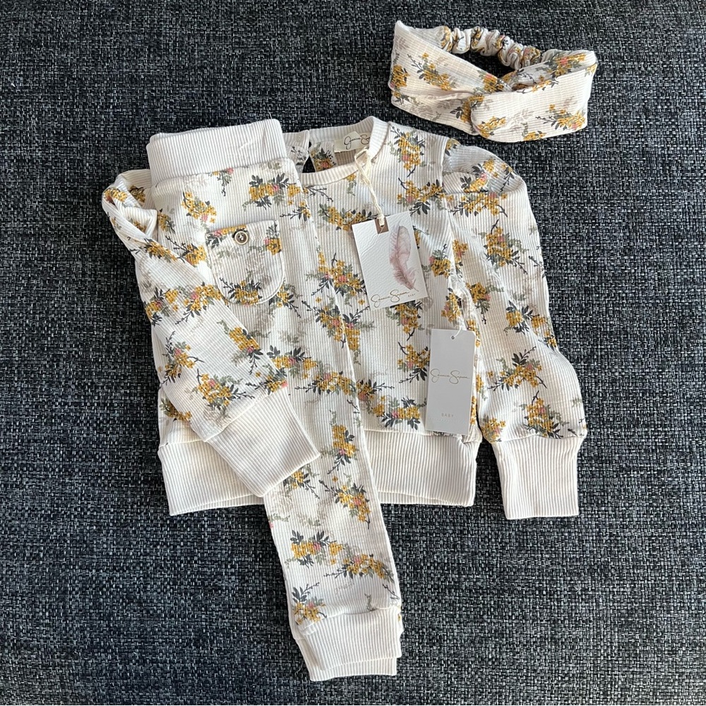 NWT Jessica Simpson Toddler Mustard Floral 3 Piece Outfit Size 24 Months